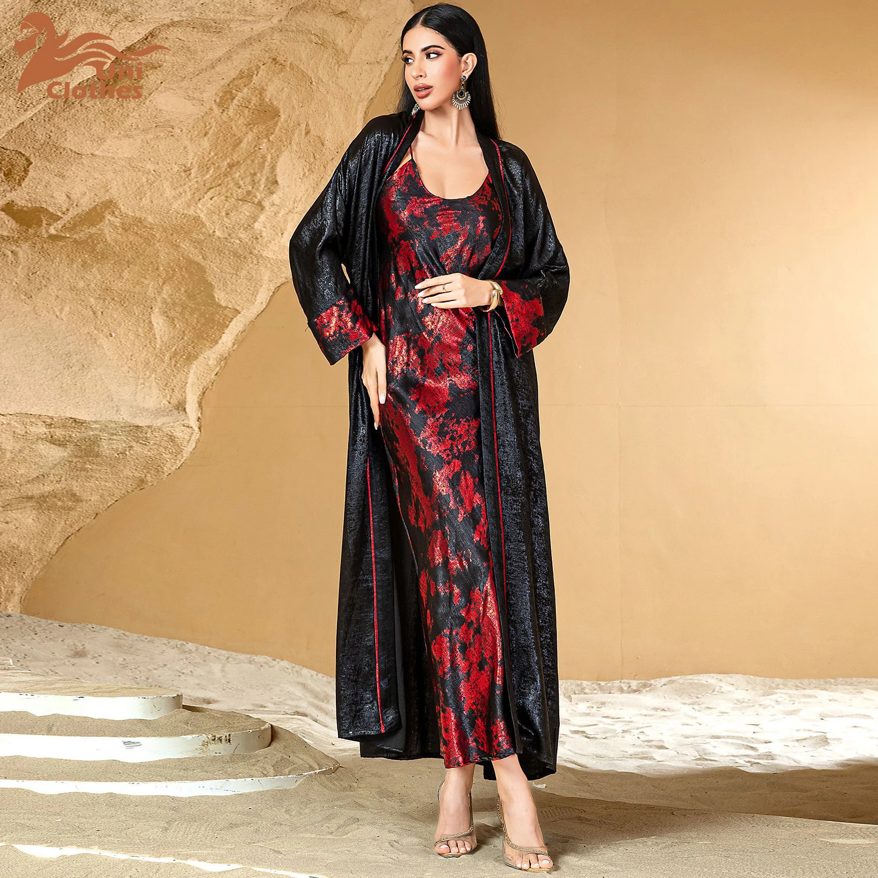 

UNI Eid Women Dress Muslim Abaya Print 2 Piece Set Floral Cardigan with Inner Dress Vestido Largos Jalabiya Ramadan Kaftan Arab