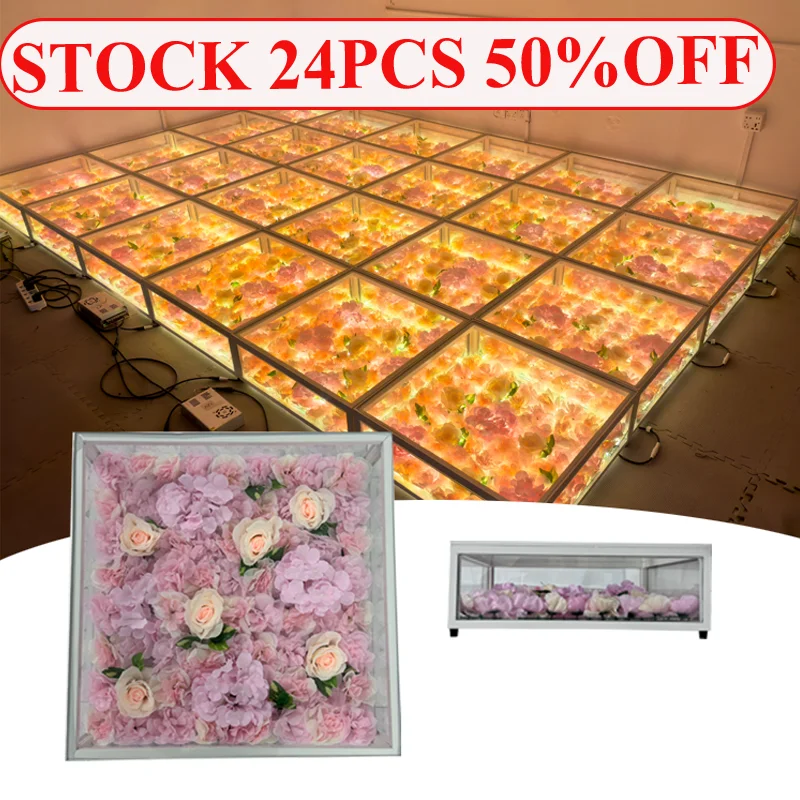 

24pcs in instock 50%off Flowers Mirror Wholesale LED Dance Floor Panel with Artificial Flowers For Wedding Party Bar