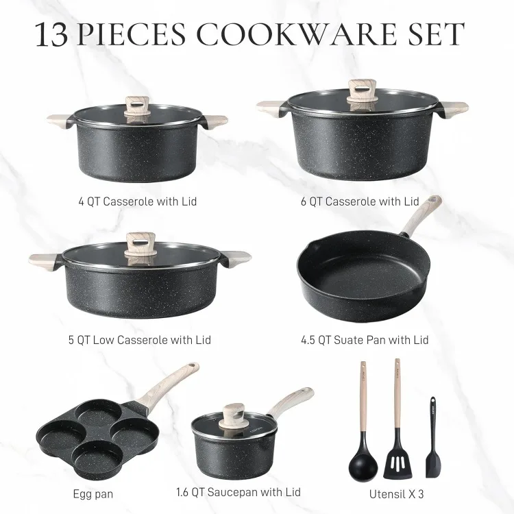 Nonstick Pots and Pans Set, Cookware Set Induction Kitchen Cooking Set w/Stock pot & Saucepans, CLassic Black 13pcs