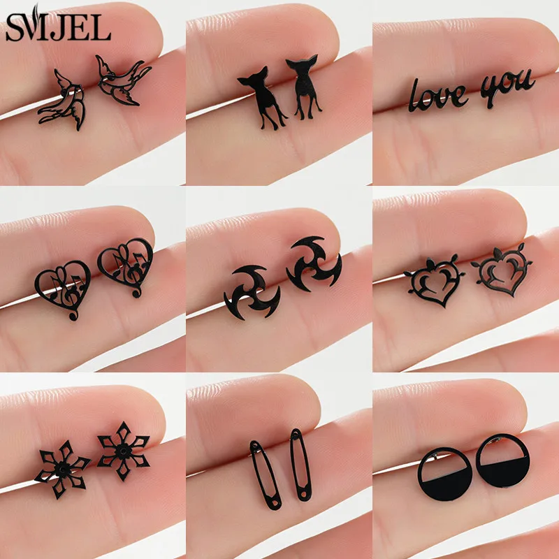 2022 Black Stainless Steel Earring Geoemetric Women Punk Snowflake Pins Heart Swallow Stud Earings Fashion Jewelry Gift Friend