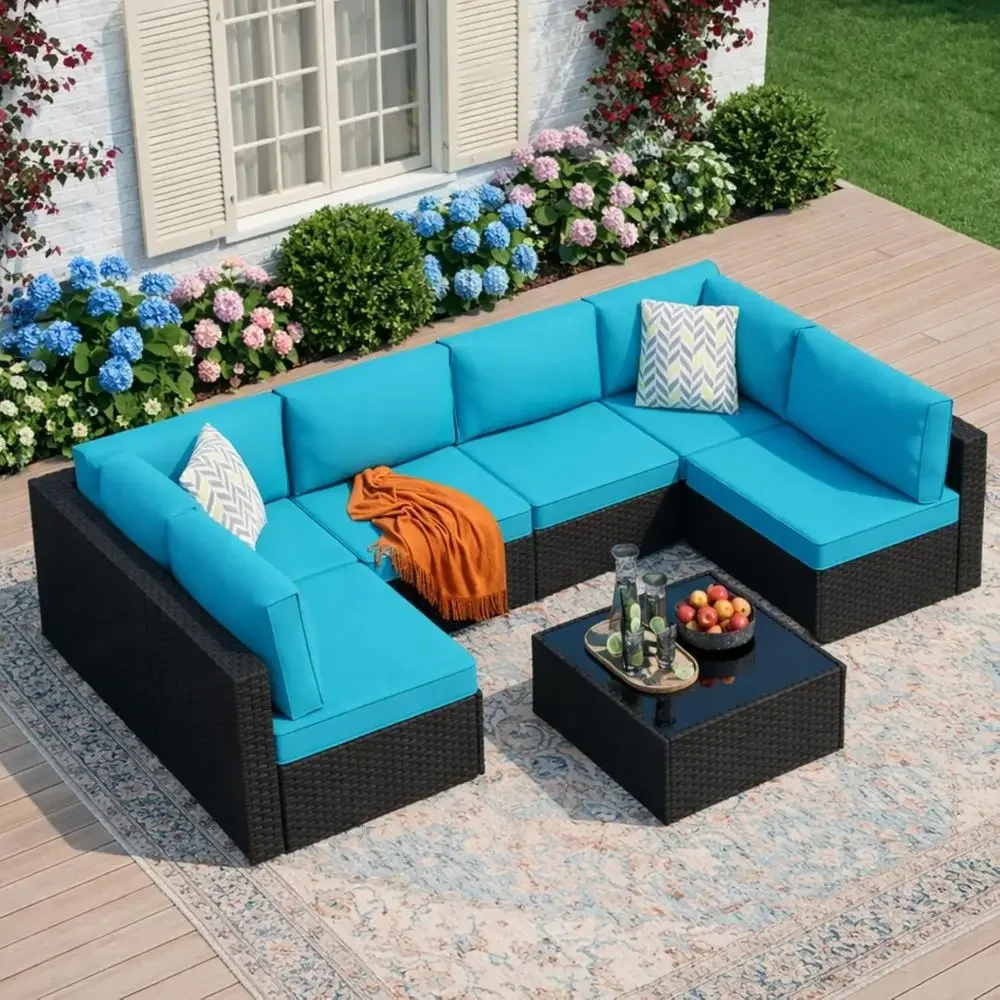 

7-Piece Outdoor Patio Furniture Set, PE Rattan Sectional Sofa with Cushions & Glass Coffee Table, Weather-Resistant for Poolside