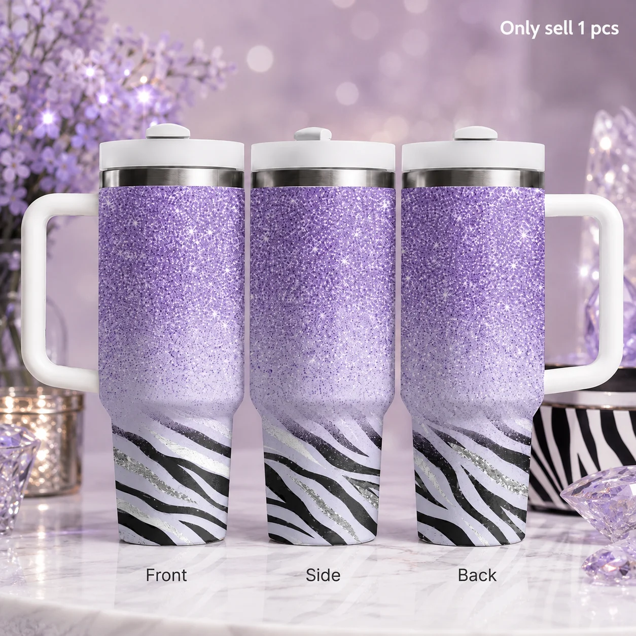 Purple Glitter Zebra Stripe Glam Vacuum Flasks 40oz Stainless Steel Insulated Tumbler With Handle & Straw Leakproof Travel Mug