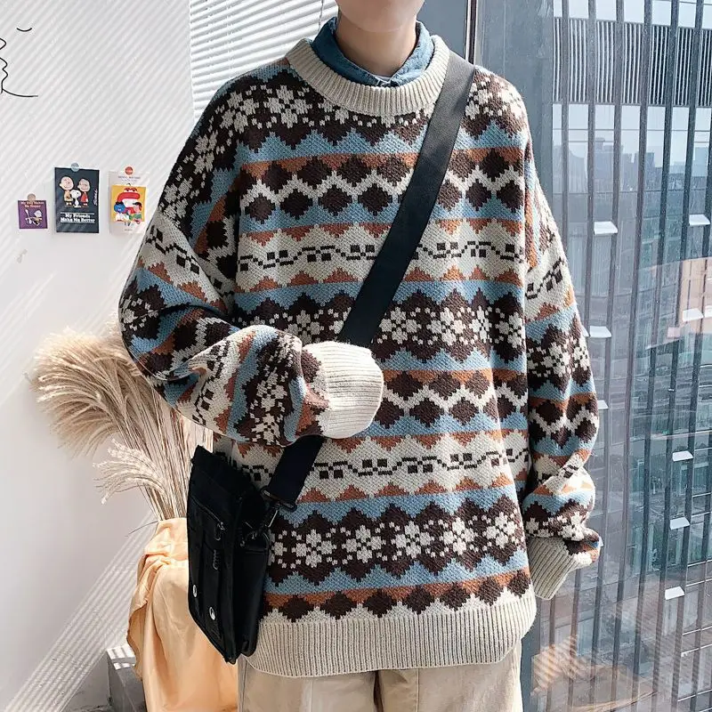 

Vintage Jacquard Weave Pullovers Knitted Autumn Winter Fashion Spliced Men's Clothing Long Sleeve Casual Loose O-Neck Sweaters