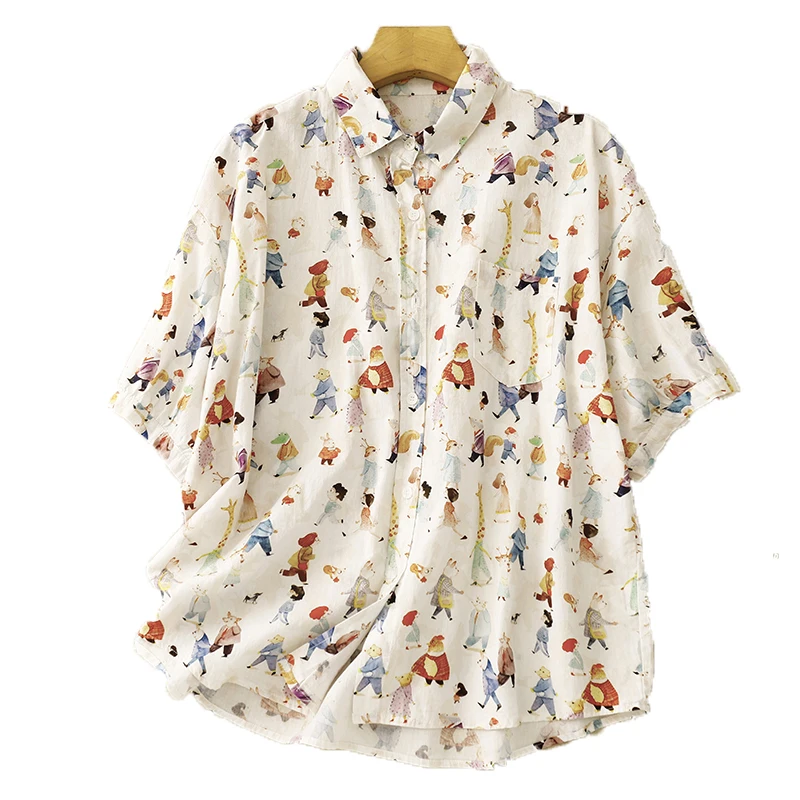 2024 Summer Female Cartoon Shirts with Pocket Short Sleeve Turn-down Collar Women's Blouses Loose Casual Lady Linen Tees Shirts