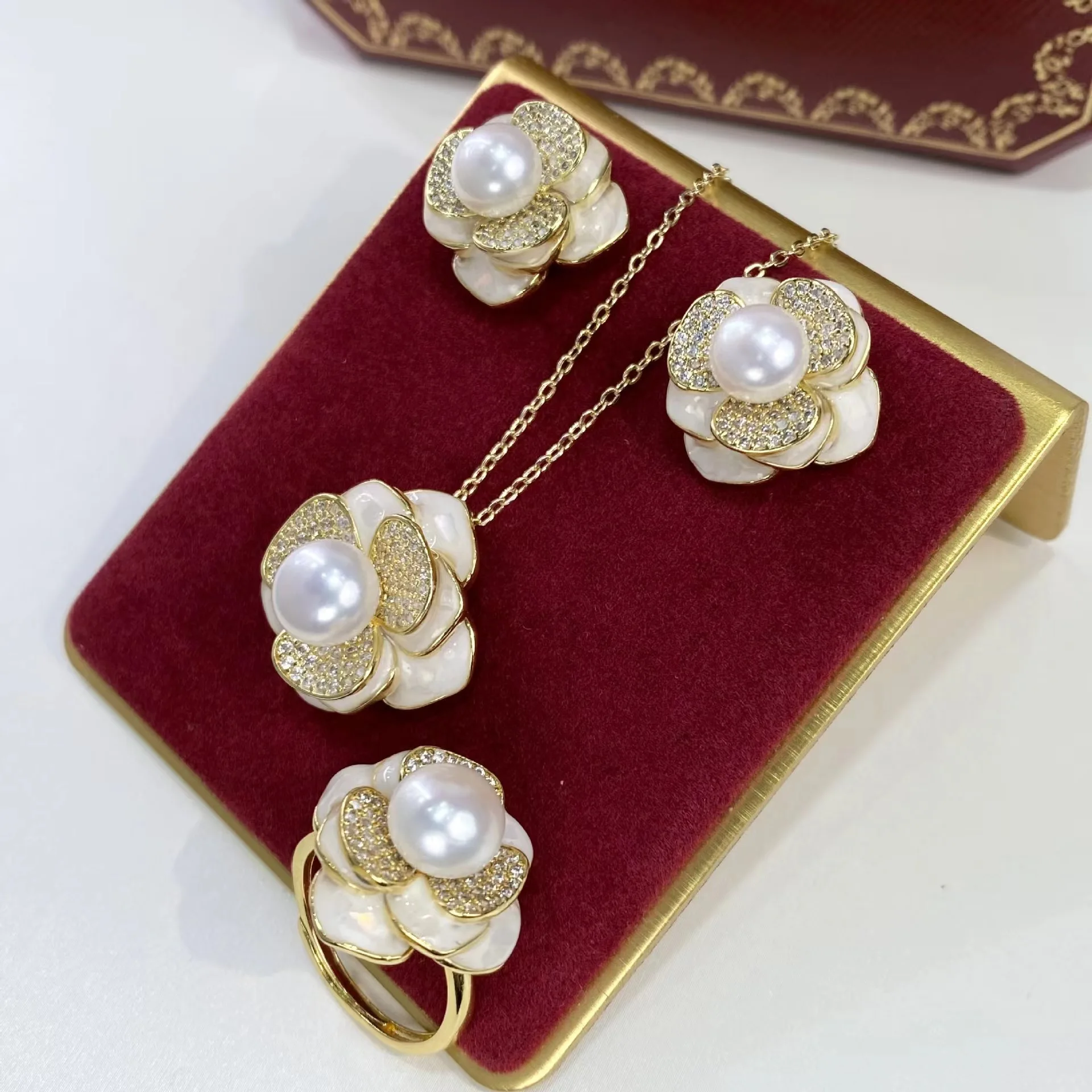 

Set freshwater pearl white Earrings Ring Pendant Necklace nature zircon flower woman's party jewelry