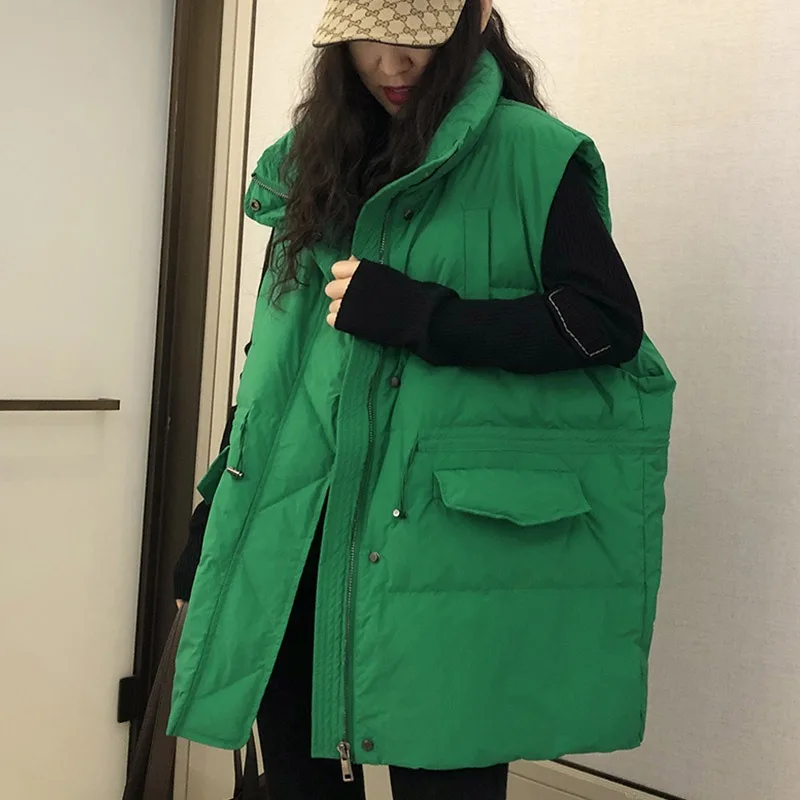 Luxury Women's Winter White Duck Down Vest New Warm Fluffy Fashion Loose Down Jacket Waistcoat Ties Pockets Zipper Tops