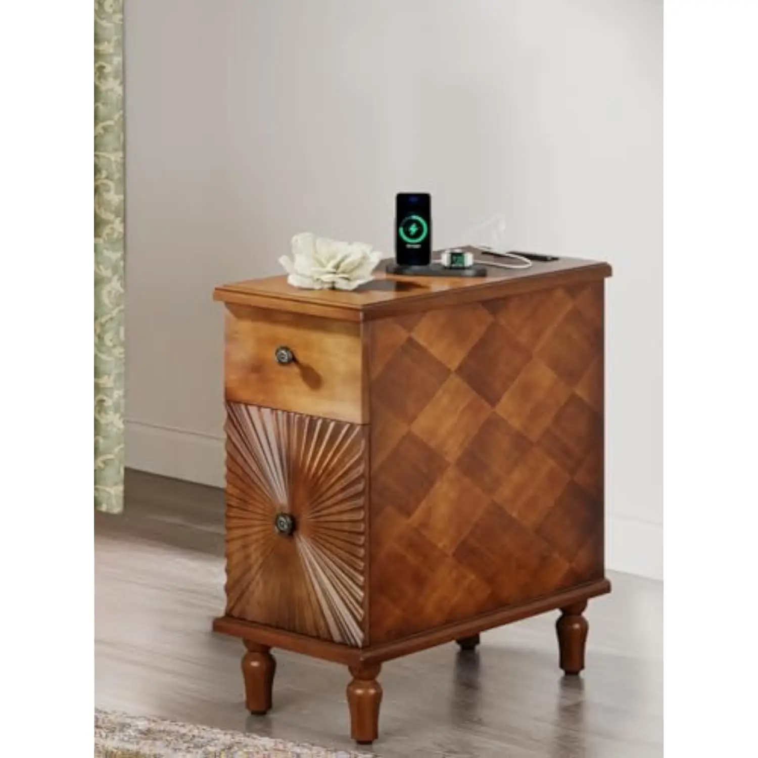 

Solid Wood Sunburst End Table with Charging Station, No Assembly Required 2 Drawers Sofa Side Table for Living Room, Vintage Ni