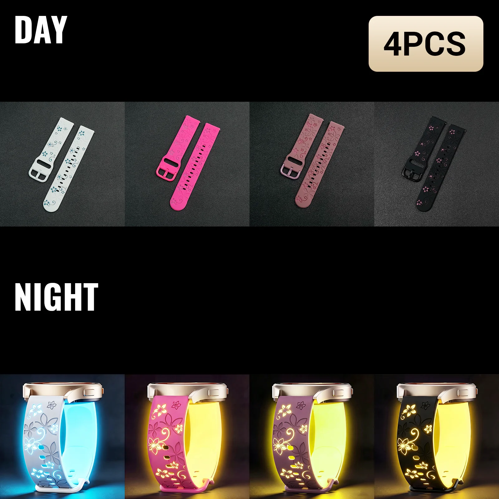 4PCS, 18/20/22mm, For Samsung universal Double-Color Engraved Luminous Watch Straps, For Huawei GT2/3/4/5/6, For Garmin Forerunn
