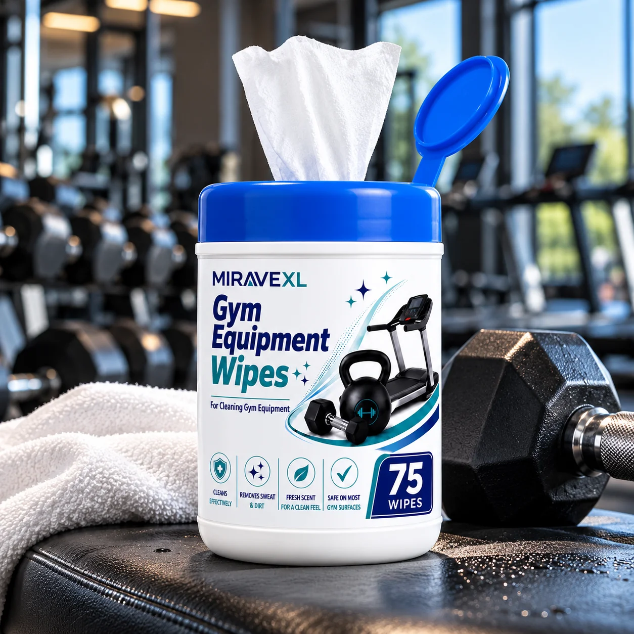 MIRAVEXL Gym Equipment Cleaning Wipes 75PCS, Fitness Wet Wipes for Sweat & Dirt, Treadmills, Dumbbells, Yoga Mats, Exercise Bike