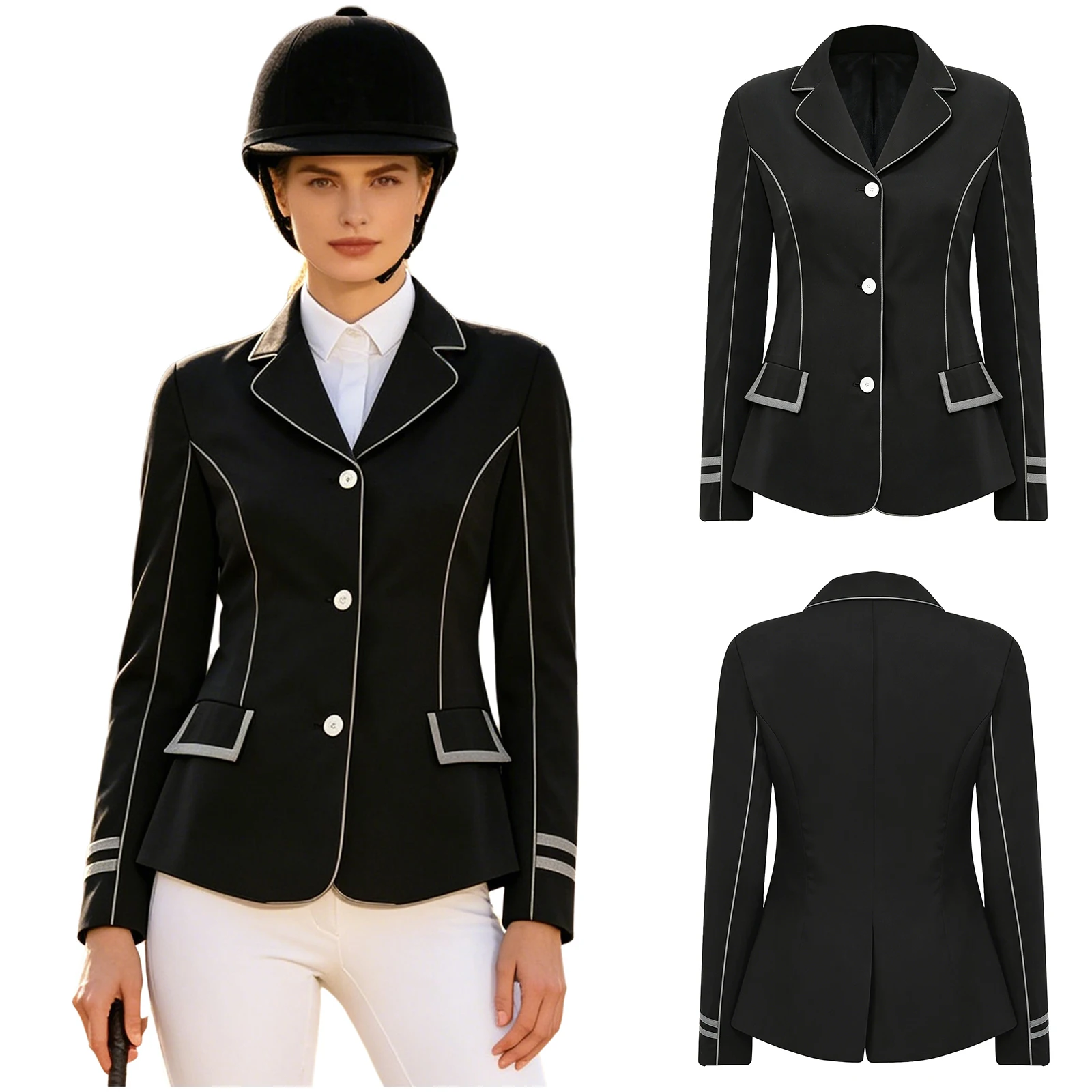 Womens Riding Coat Contrast Trim Horse Riding Jacket Equestrian Blazer Outerwear for Western Pleasure Riding Class Stage Show