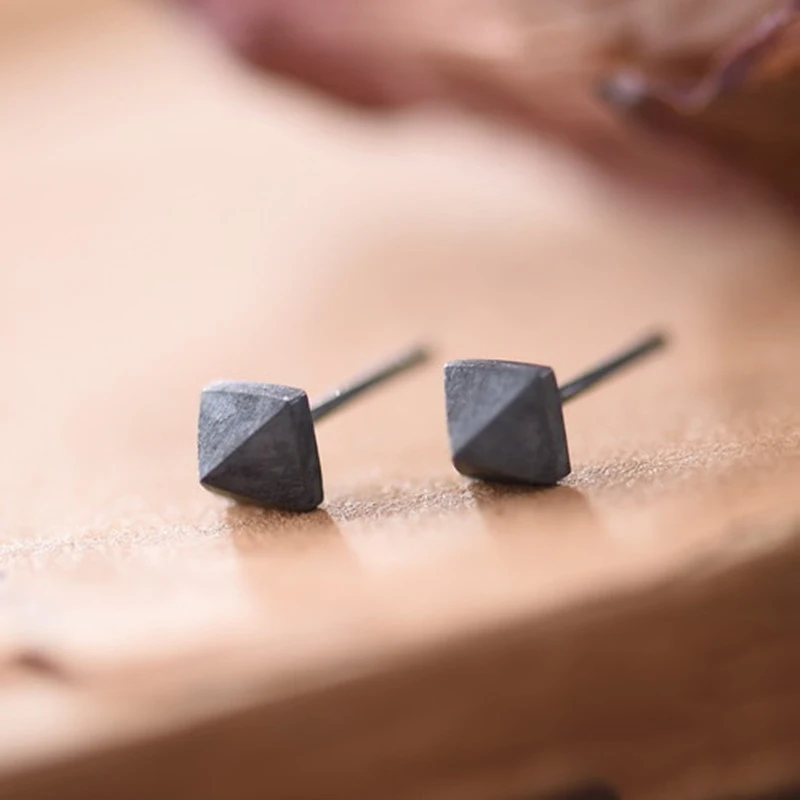 YIZIZAI Pyramid Rivet Stud Earrings 100% 925 Sterling Silver Minimalist Black Cone Earrings Women Men Jewelry Accessories Gifts