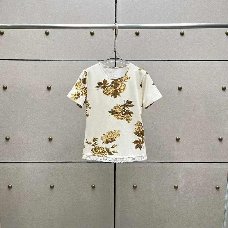 

Women's Printed T-Shirt, Short-Sleeve Round-Neck Lace-Trimmed Top, High-Quality Commuter Pullover, 2026, New Arrival, Y2K