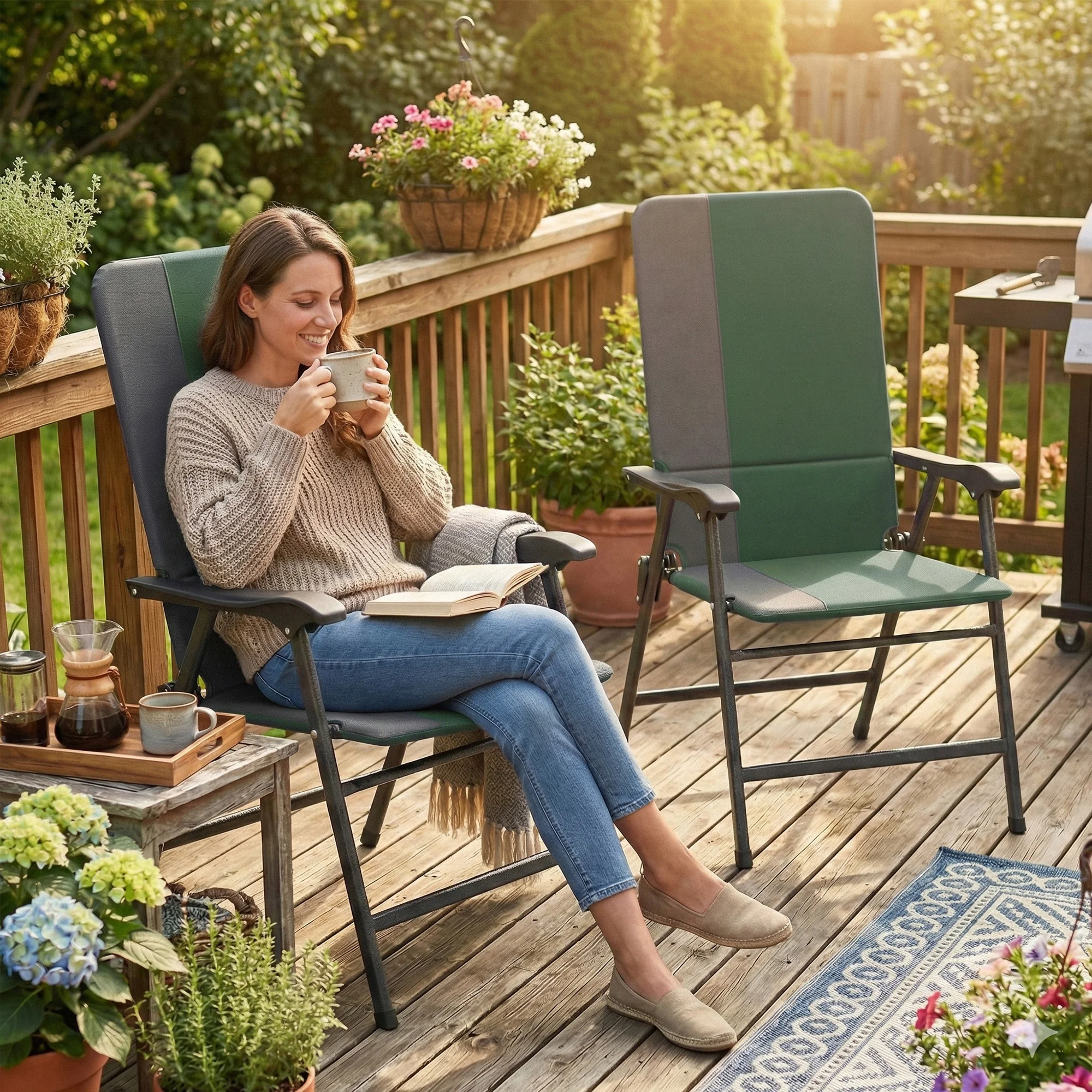 Outsunny Folding Patio Chairs, Padded High Back Lawn Chairs, Dark Green