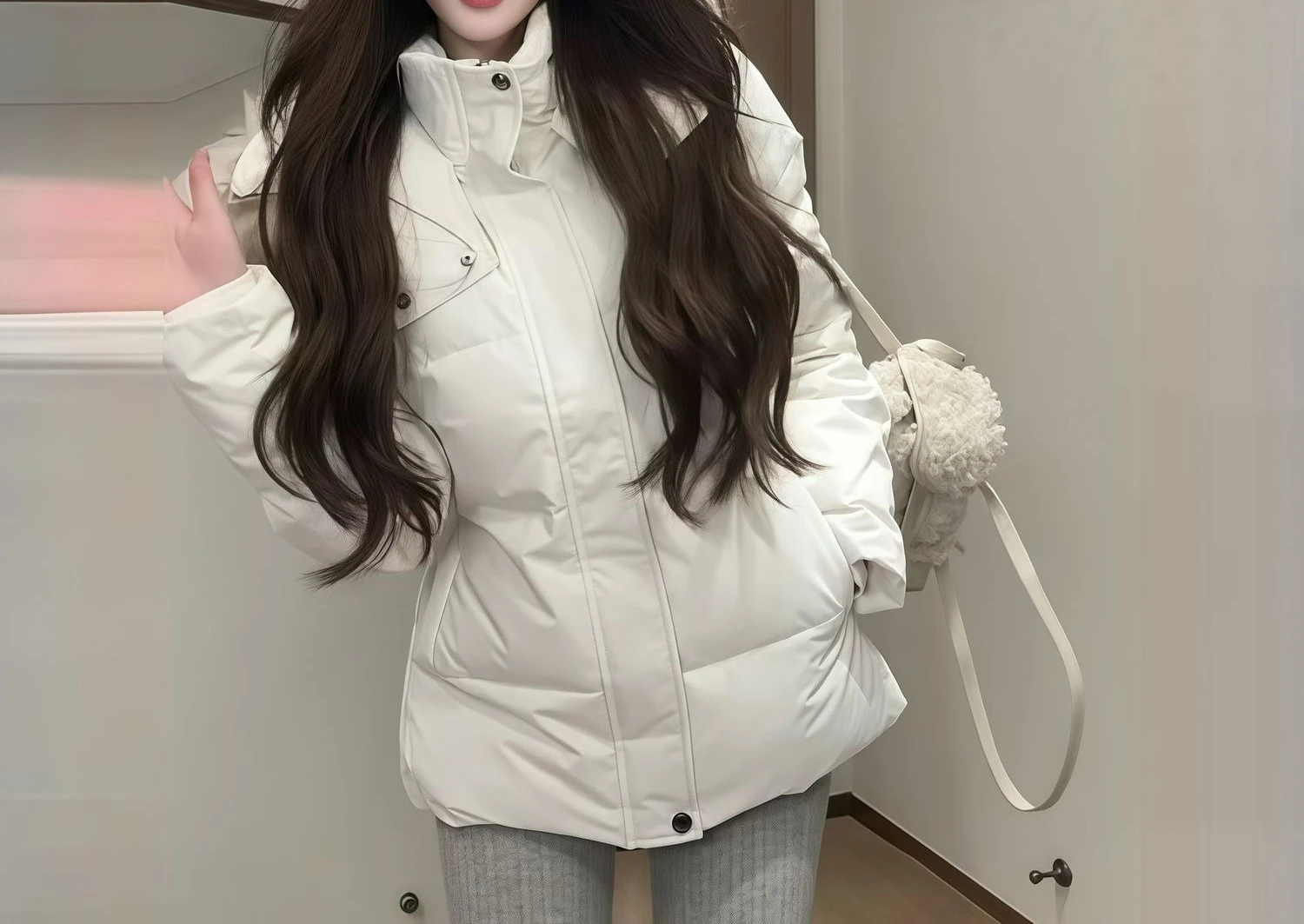 معطف نسائي شتوي جديد للتخسيس بخصر متوسط لعام 2025 باللون الأبيض عالي الجودة وياقة من الفرو قابلة للفصل #4