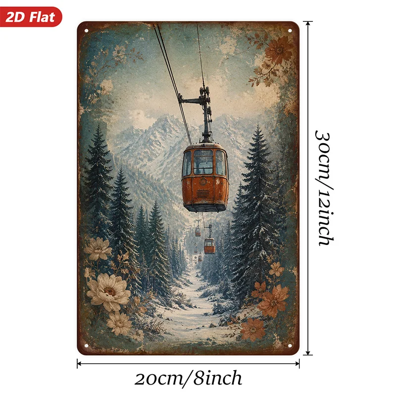 1pc Vintage Cable Car Metal aluminum Sign Wall Art, Perfect for Garden Study, Orange Gondola Cabin, Snowy Mountain Peaks