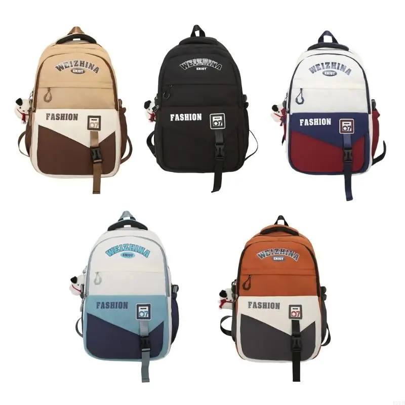 

Korean Contrast Color Backpack Large Capacity Multi Pocket Schoolbag Adjustable Strap Water Resistant Student Book Bag