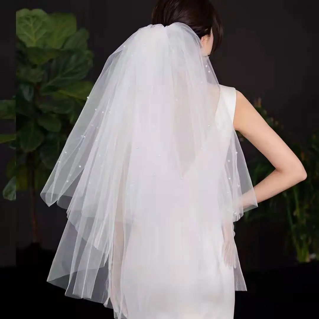 MANRAY Real Photo Pearls Multi Layer Face Covering Bridal Veil Puffy Short Travel Headdress Veil Wedding Accessories