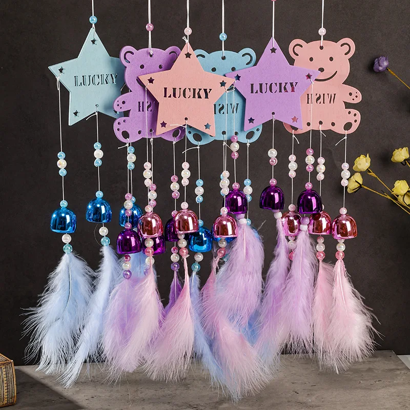 Wooden Feather Wind Chime Pentagram Little Bear Clear Crisp Sound Bells Clang Restaurant Balcony Decoration Pendant Wind Chimes