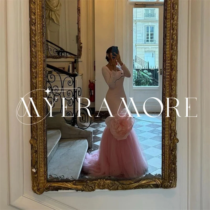 فساتين سهرة فاخرة بحورية البحر باللون الوردي 2025 من الساتان على شكل زهرة وياقة مربعة فساتين لحضور الحفلات الموسيقية تول رداء حفلات مخصص رداء السهرة #6