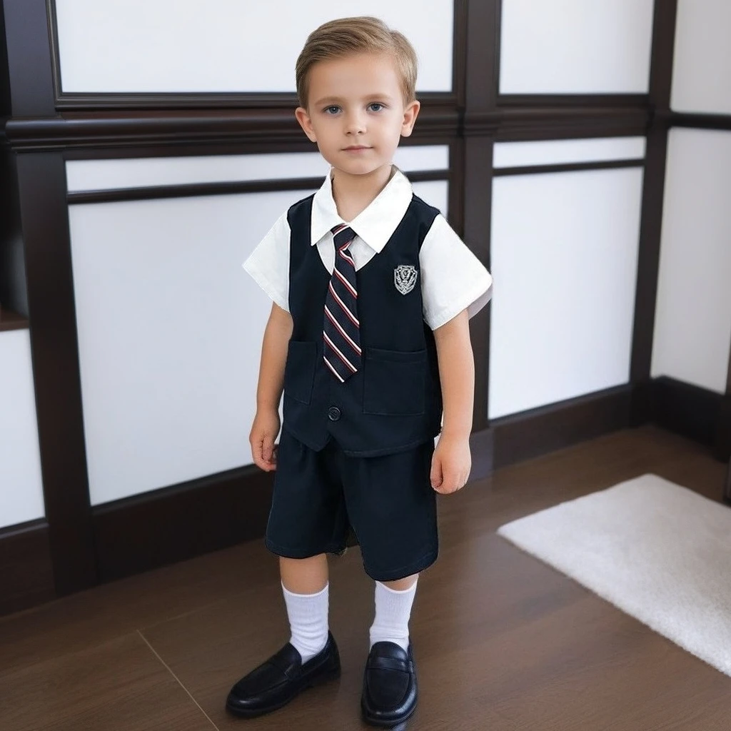 

Trendy School Uniform for Boys British Style Fake 2-Piece 2025 Summer Kids Clothes Set Children Formal Events Performance Outfit
