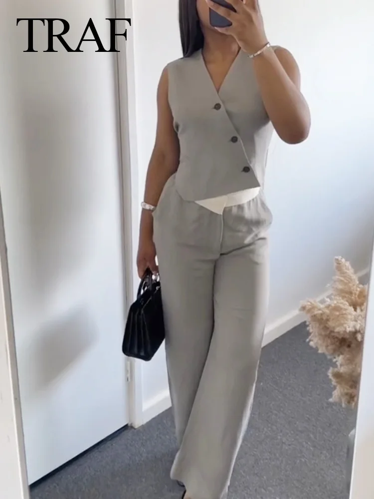 TRAF 2024 Fashion Women Solid Grey Pants 2 Pieces Set Sleeveless Asymmetrical Vest+Female High Waist Wide Leg Tousers Casual