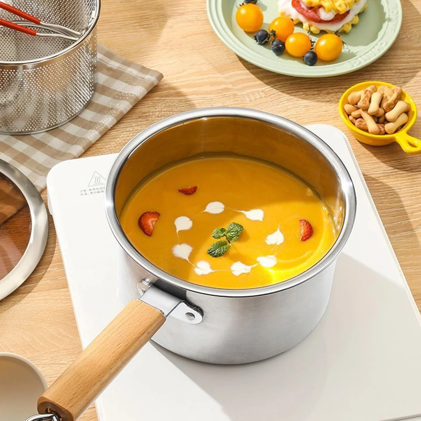 Kitchenware Deep Fryer Pot Mini Saucepan for Baby Food Multipurpose 201 Stainless Steel Cooking Pot with Glass Lid Durable