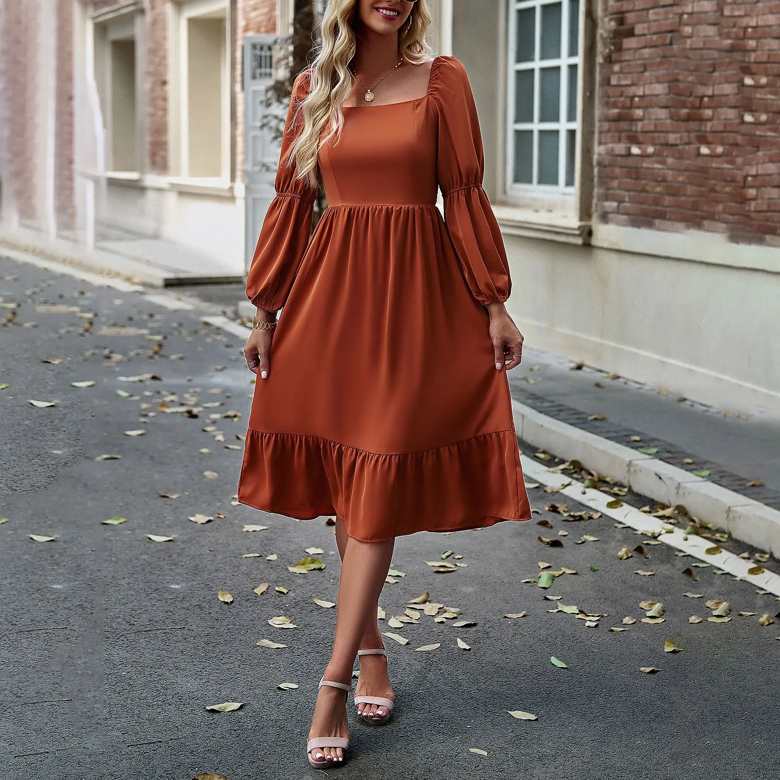 

Women's Long Sleeve Dress Women's 2024 Autumn/Winter Solid Color Square Neck Long Sleeve Dress Summer Dress Women Slight Strech