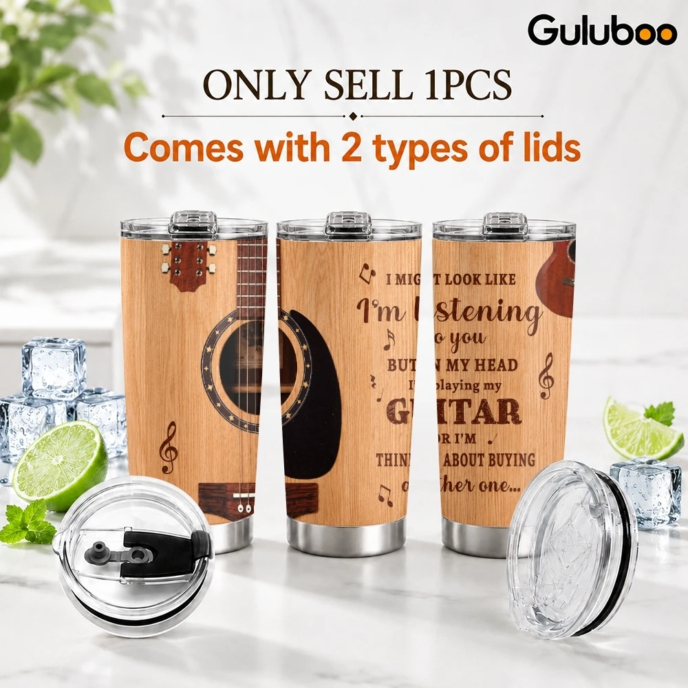 Guitar Design Vacuum Flasks 20oz Insulated Stainless Steel Tumbler Travel Mug with Sliding Lid Coffee Cup for Office Use