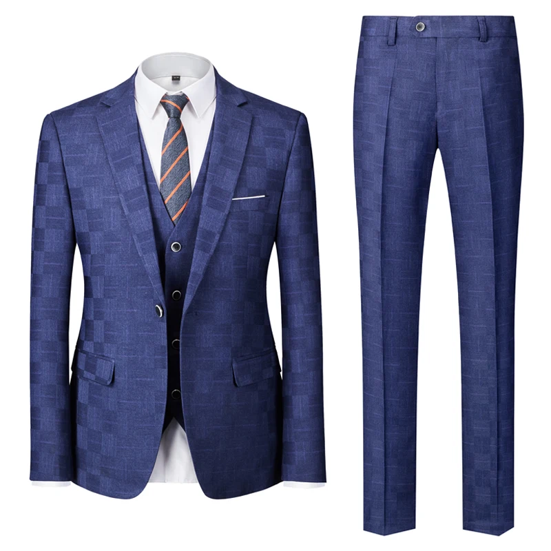 Blazer + pantalón + chaleco para hombre, traje de negocios de Boutique de alta calidad, 3 piezas, azul y gris, esmoquin de botonadura única para fiesta de boda