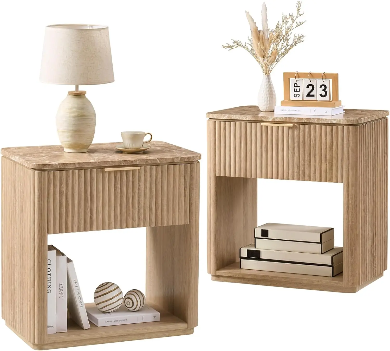 Fluted Nightstands Set 2 with Faux Marble Top, Modern Bedside Table | FSC-Certified Engineered Wood, 24