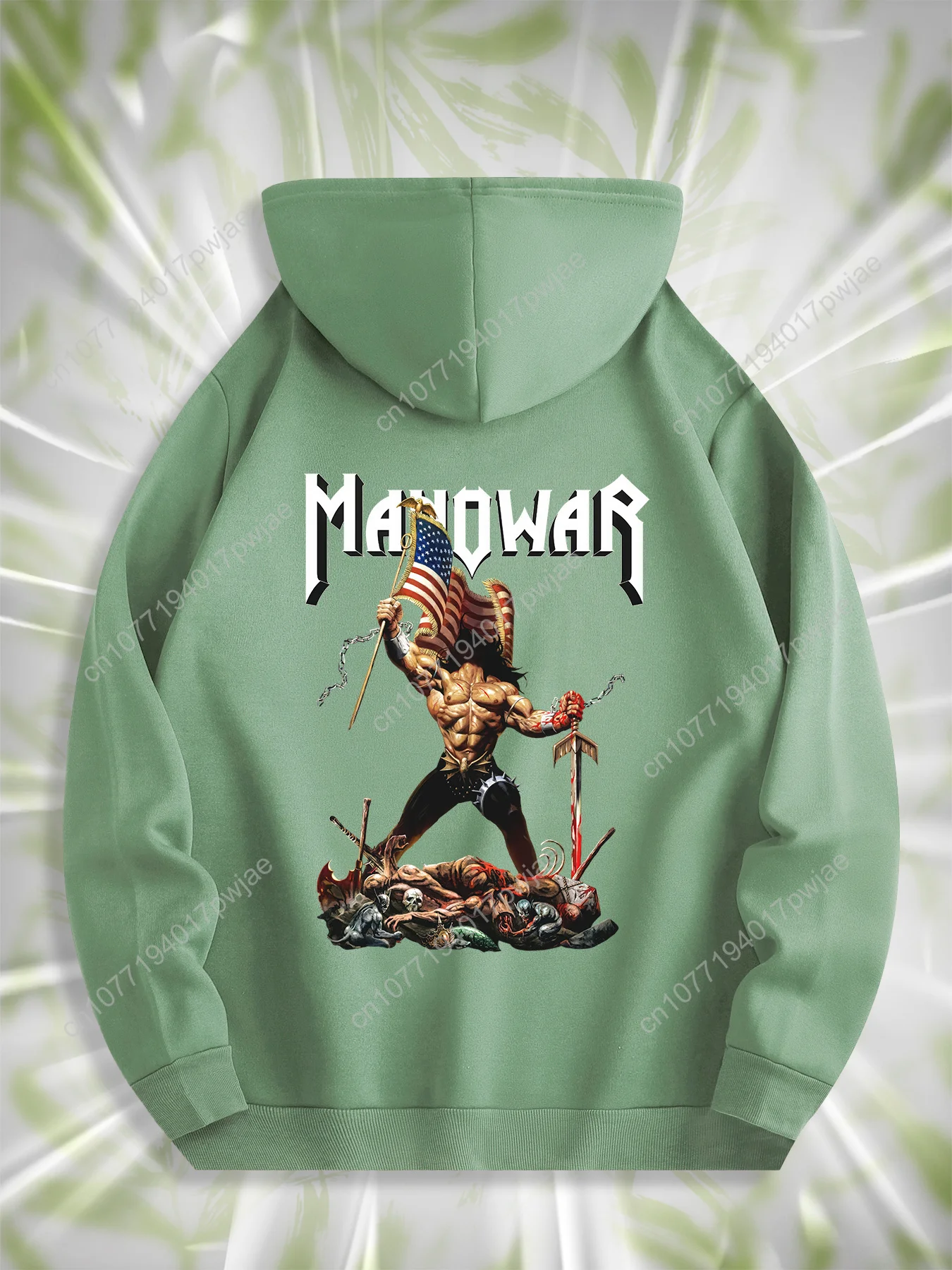 

Men's Manowar Graphic Hoodie - Black Casual Pullover with Warrior & Axes Print, Kangaroo Pocket, Adjustable Drawstring Hood, All