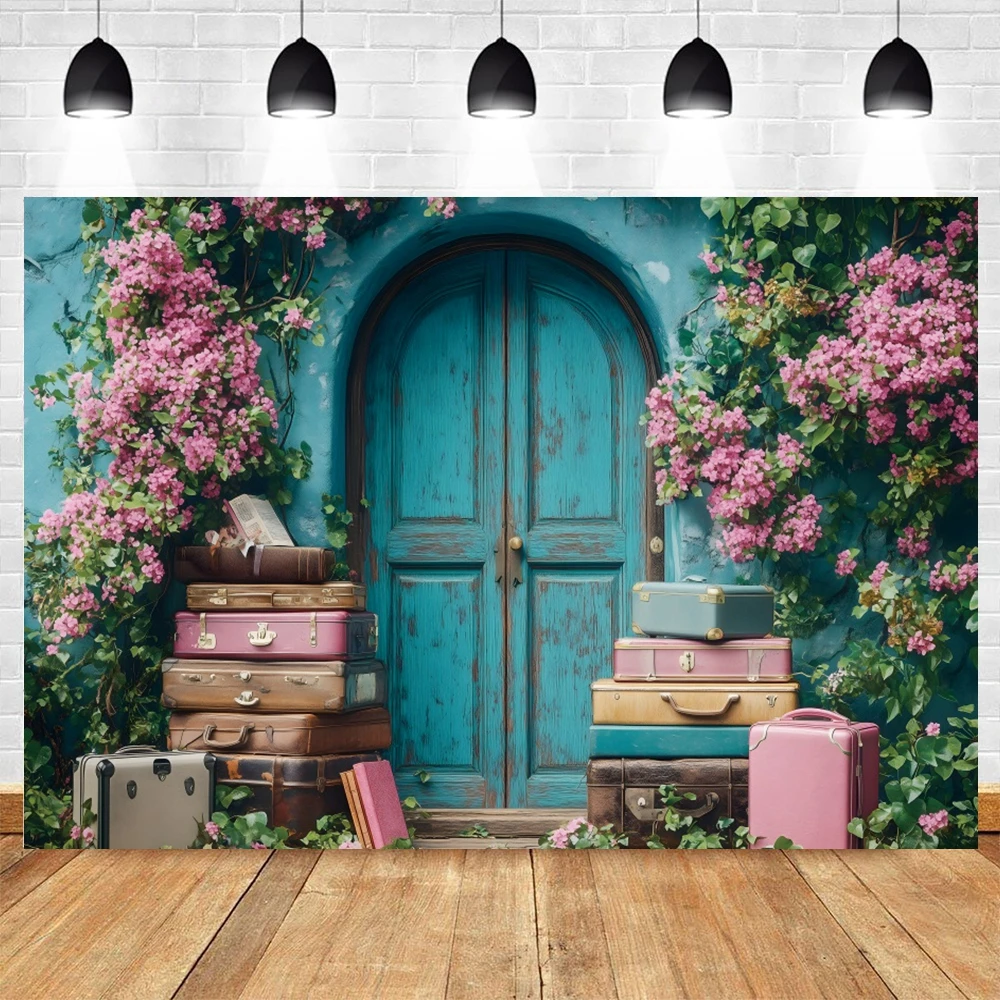 Vintage Flowers Suitcase Backdrop Bookshelf Book Rustic Wooden Door First Travel Baby Kids Birthday Party Photography Background