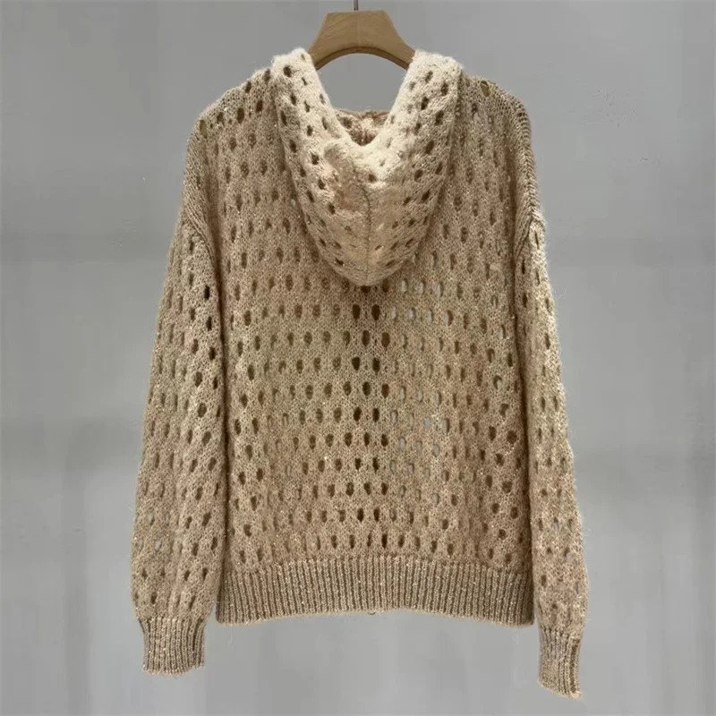 

Cardigan for women New elastic knitted hollow hooded long sleeved top for autumn 2025 Seahorse wool blend women's sweater coat
