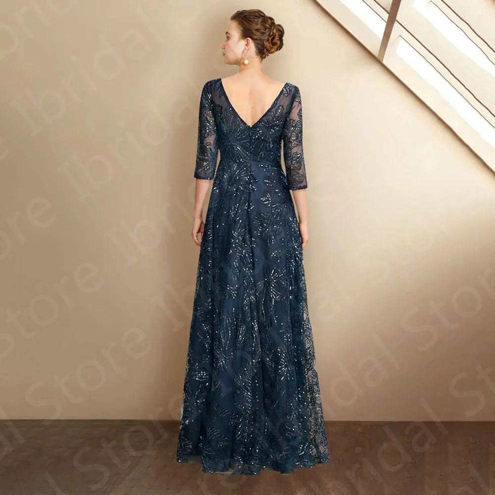 Charmante robe de mère de la mariée bleu marine foncé, quelles que soient les robes en dentelle, décolleté de la présidence en V, manches 2023, paillettes, fête de mariage, dos nu, 3/4