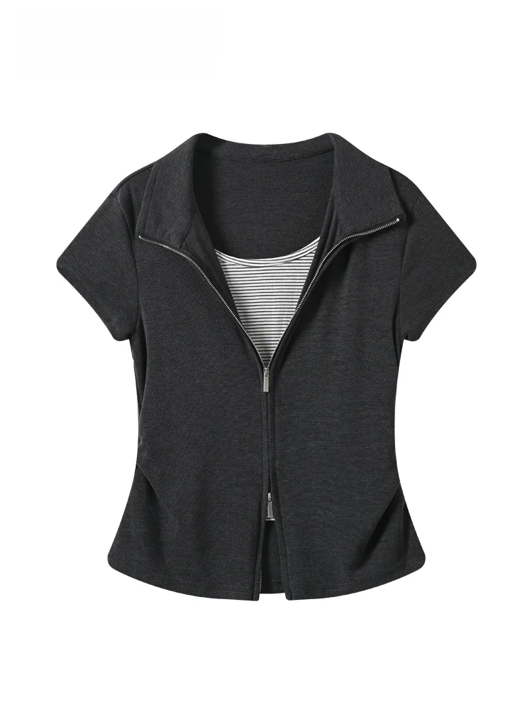 

plus Size Short Sleeve T-Shirt Women's Summer New Style Casual Collar Stand up Top Splice Slimming Effect Casual Wear
