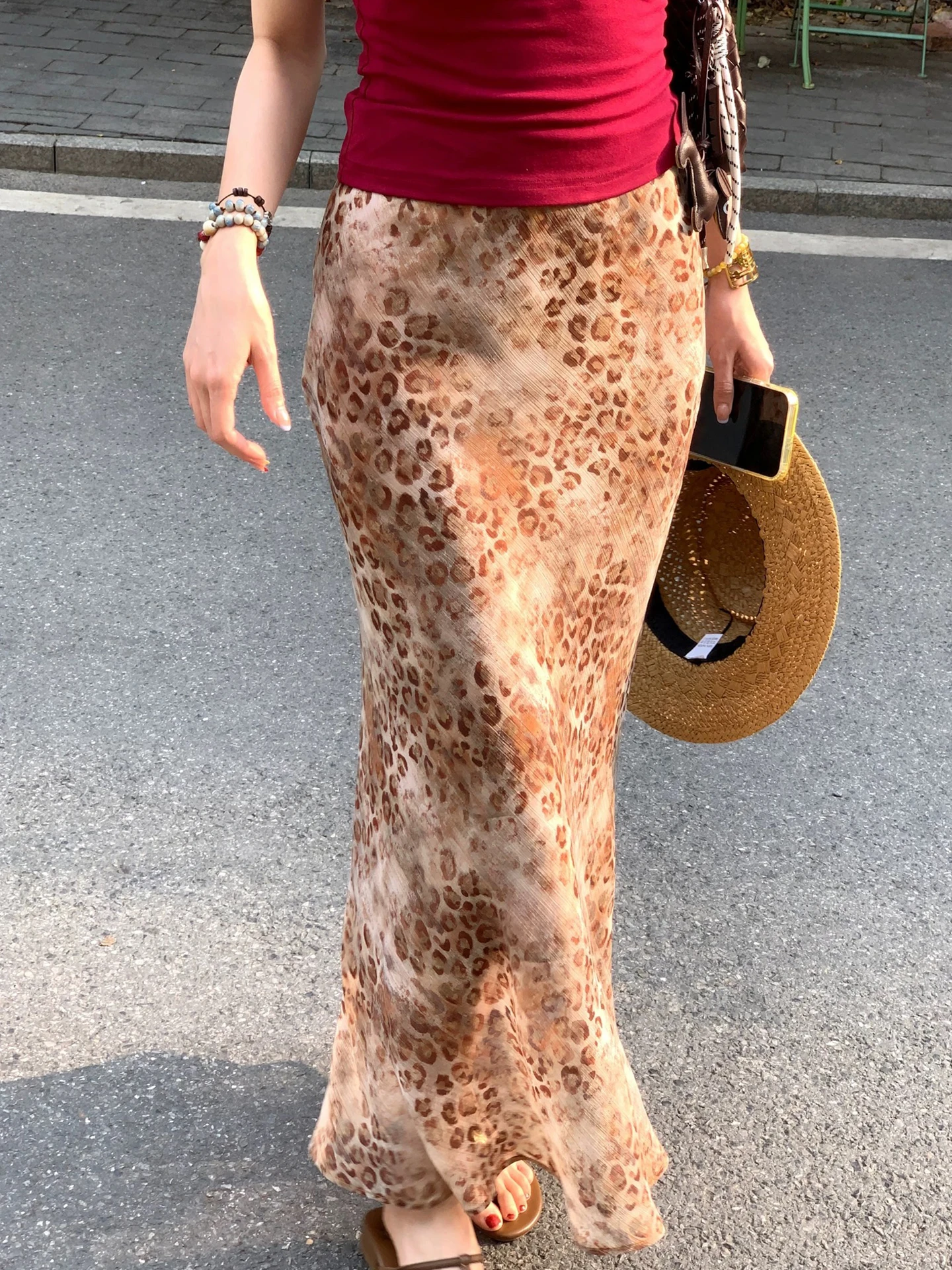 

High Waist Leopard Print Elastic Waist Half Skirt Versatile Casual Vacation Style Midi Length Green Gully Women's Skirt