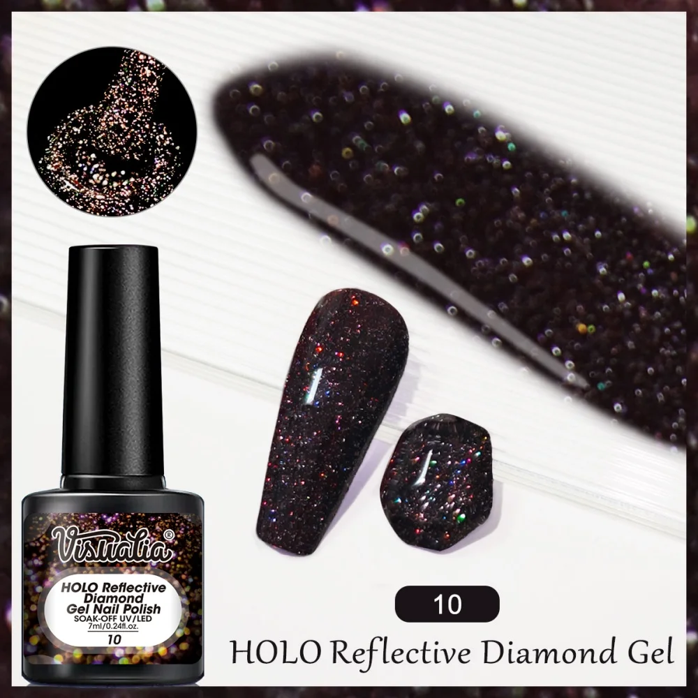 Visuatia Iridescent Diamond Nail Gel Polish, black base with holographic reflective shine effect, high-end and textured color tone, suitable for home DIY and salon use to create a cool and unique nail art atmosphere