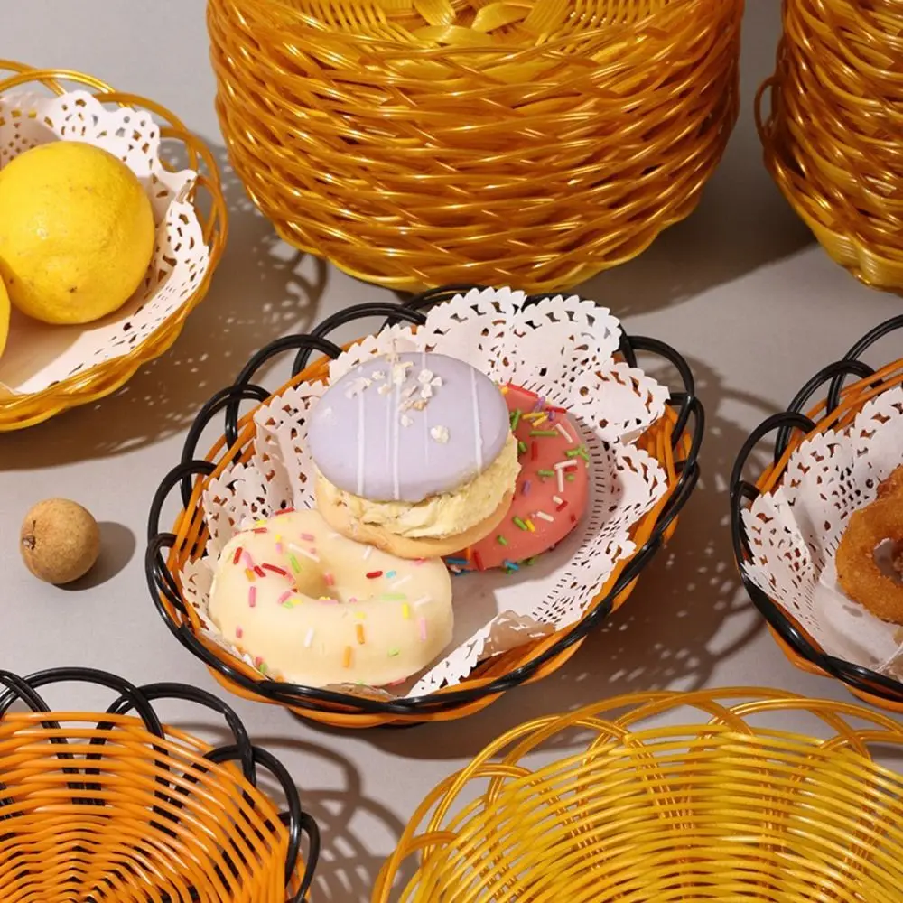 New Plastic Imitation Rattan Basket Round Woven Fruit Basket Food Plate Breakfast Cake Snack