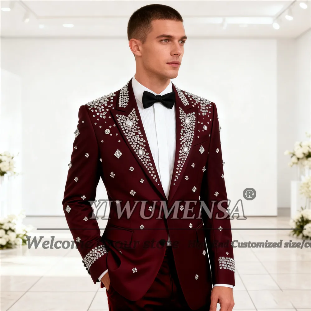 

Блестящий костюм с кристаллами и бисером для свадьбы, комплект из 2 предметов, однобортный пиджак, индивидуальный смокинг для банкета и жениха со штанами