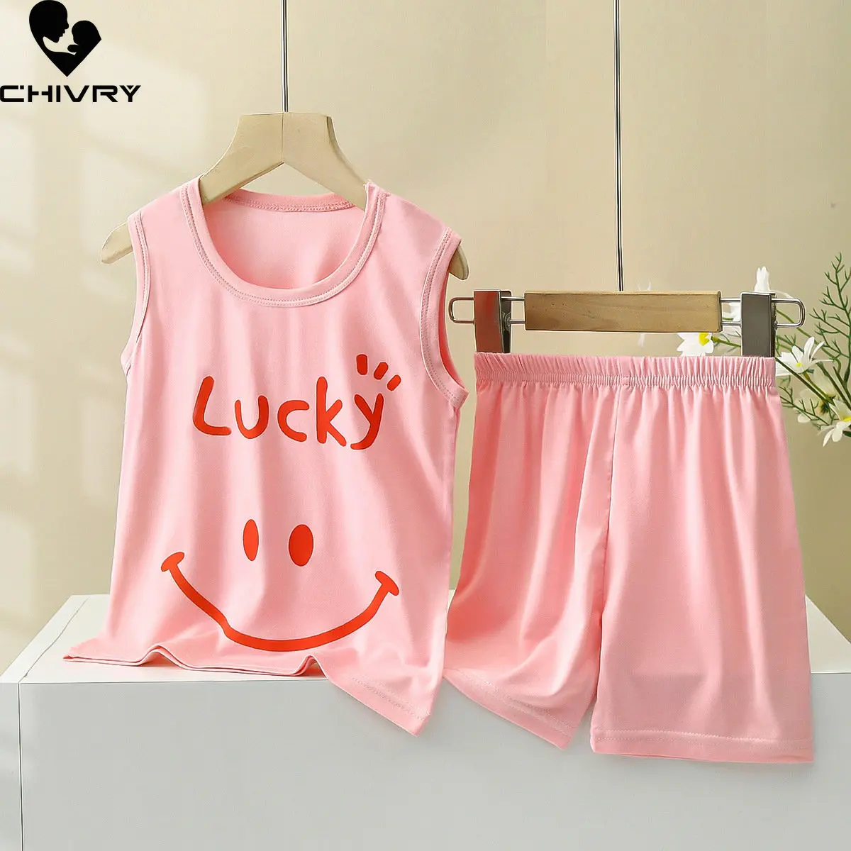 

Kids Summer Thin Pajamas Sets New Boys Girls Cartoon Smile Sleeveless O-neck Vest Tank Tops with Shorts Baby Sleepwear Homewear