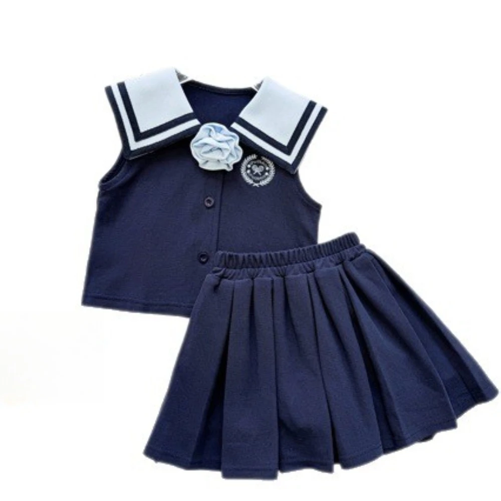 New Arrival Toddler Girl Nautical Collar Contrast Splice Vest And Short Dress Casual Suit for 90-140cm