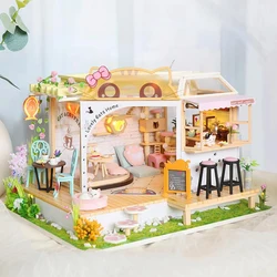 Cat Cafe Wooden Mini Doll House 3D Puzzle Assembly Building Model Kit DIY Miniature Small House Toys Home With Furniture Lights
