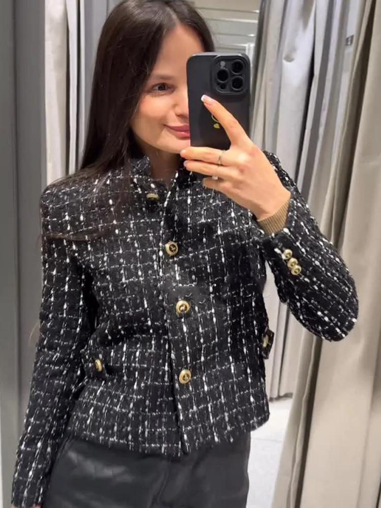 

Женский весенний модный блейзер с длинными рукавами и высоким воротником, с металлической нитью и текстурным декором, повседневная куртка для работы