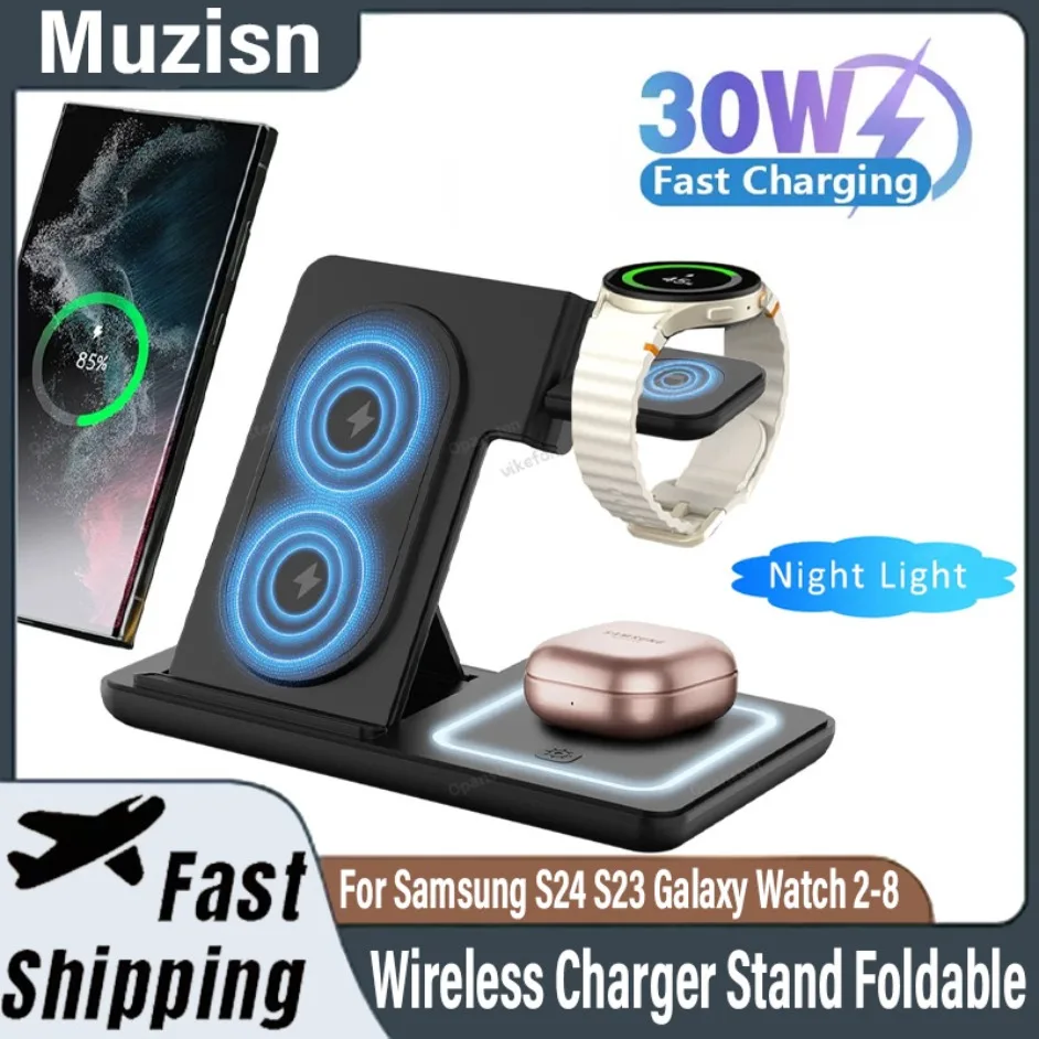 Wireless Charger Stand 3 in 1 LED Light Foldable For Samsung S24 S23 Galaxy Watch 2-8 Active 1 2 Buds Pro Fast Charging Statio