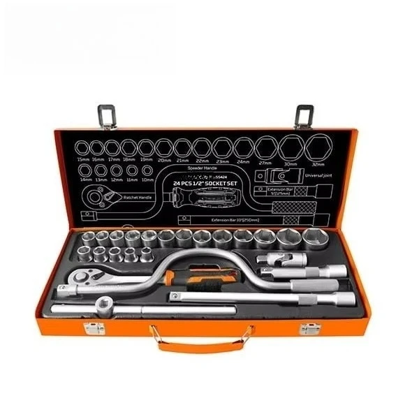 155424 24Pcs 1/2 Inch Drive Socket Wrench Set, Professional Ratchet Tool Kit for Auto Repair
