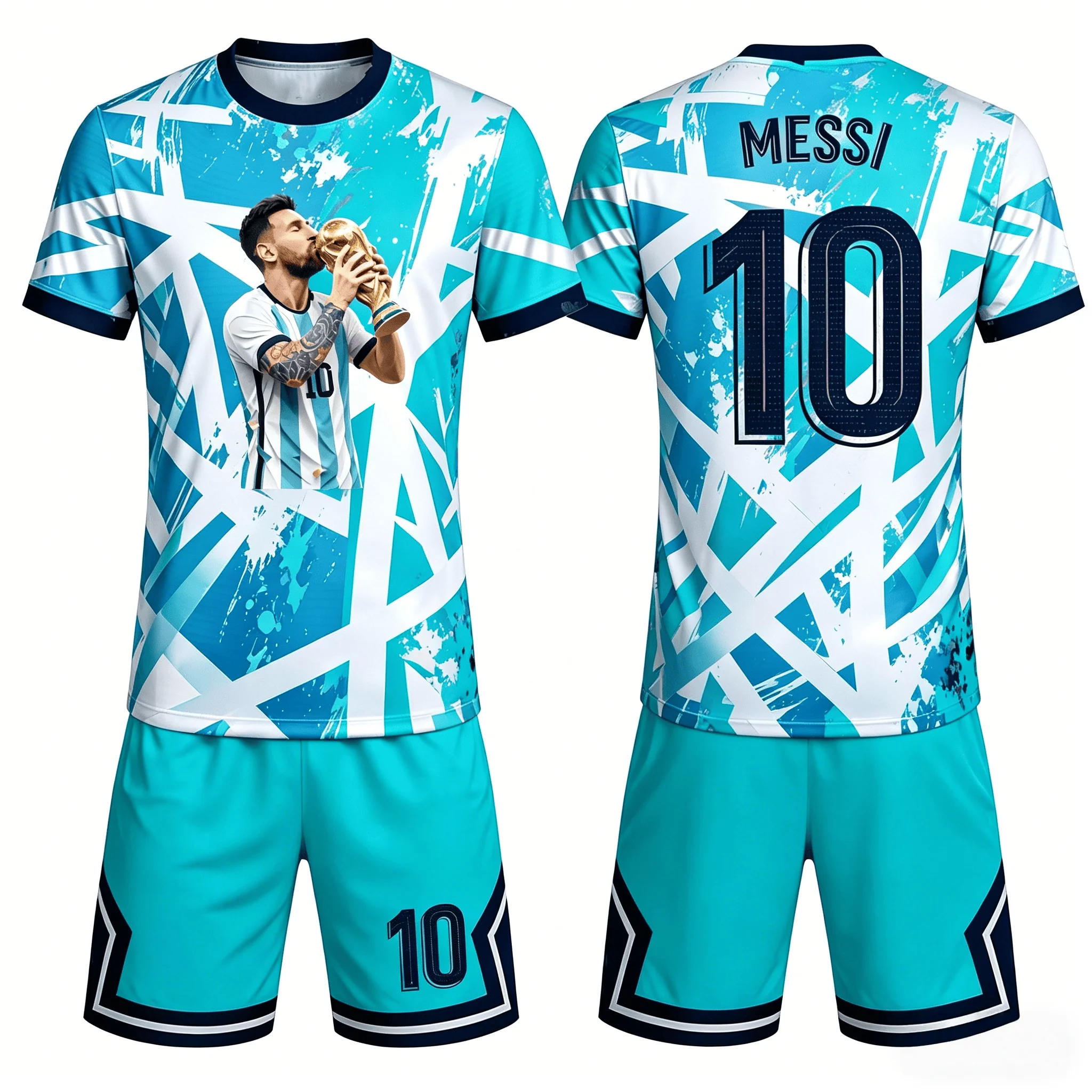 Messi-Themen-Trikot-Set mit Mehrfarbigem Spritzerfarben-Graffiti-Design, Größe 10, Bedruckt, Atmungsaktiv, Unisex, Familien-Matching-Kinder-Trikot-Set
