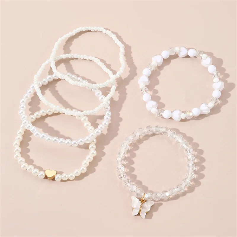 سوار لؤلؤ أوروبي وأملي ، تصميم بسيط ، حب جميل ، قلادة فراشة مطرزة ، بدلة 6 قطع ، لطيف