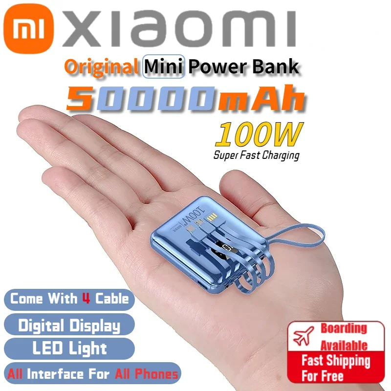 Xiaomi 50000 мАч Mini Power Bank 100 Вт Быстрая зарядка Мобильная мощность Внешняя батарея большой емкости с 4 линиями для iPhone Samsung