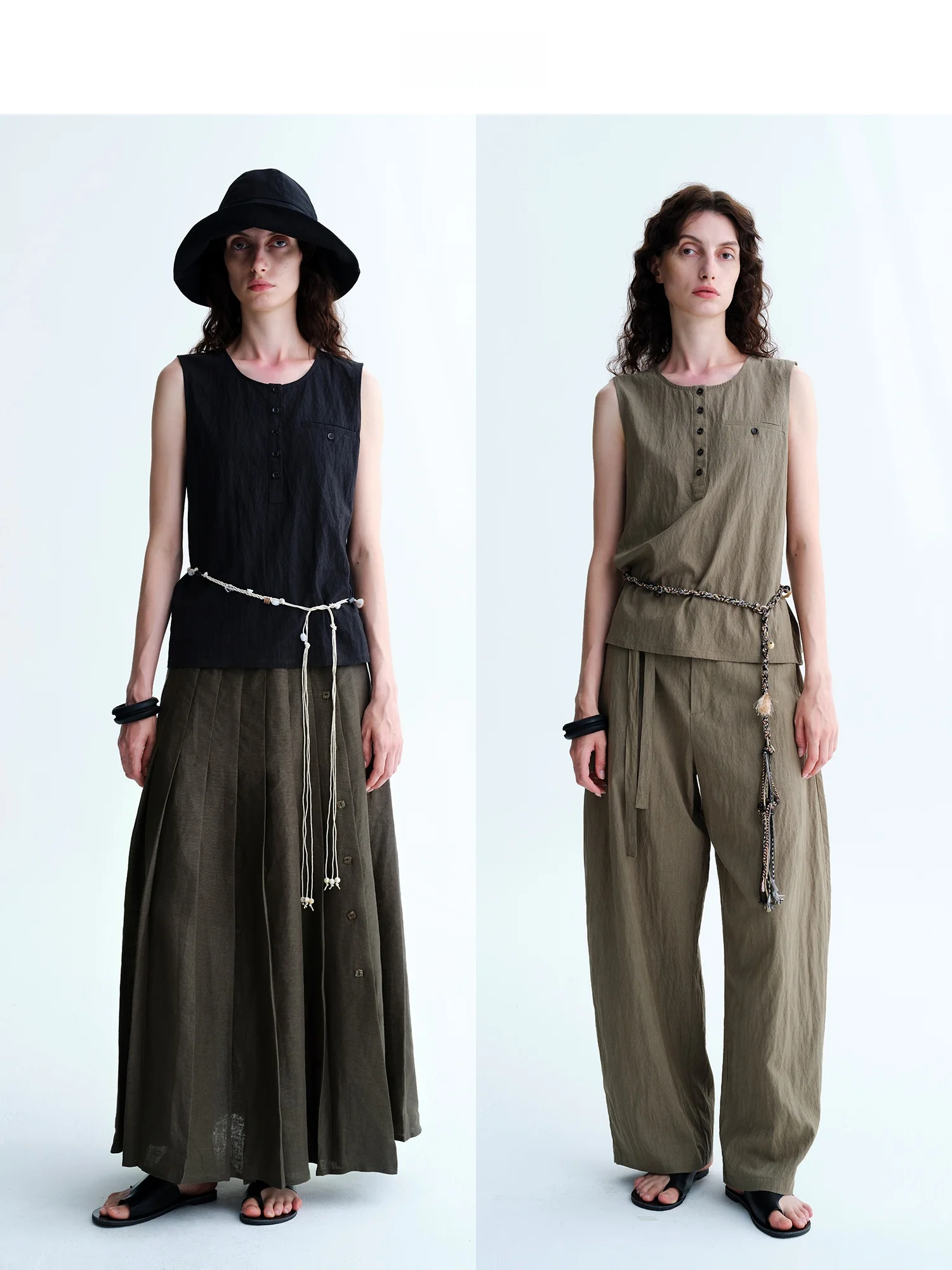 

Simple Artistic Sleeveless Button up Tank Top Fabric round Neck H-Shape Vest Casual Wear Pure Color Chinese Made