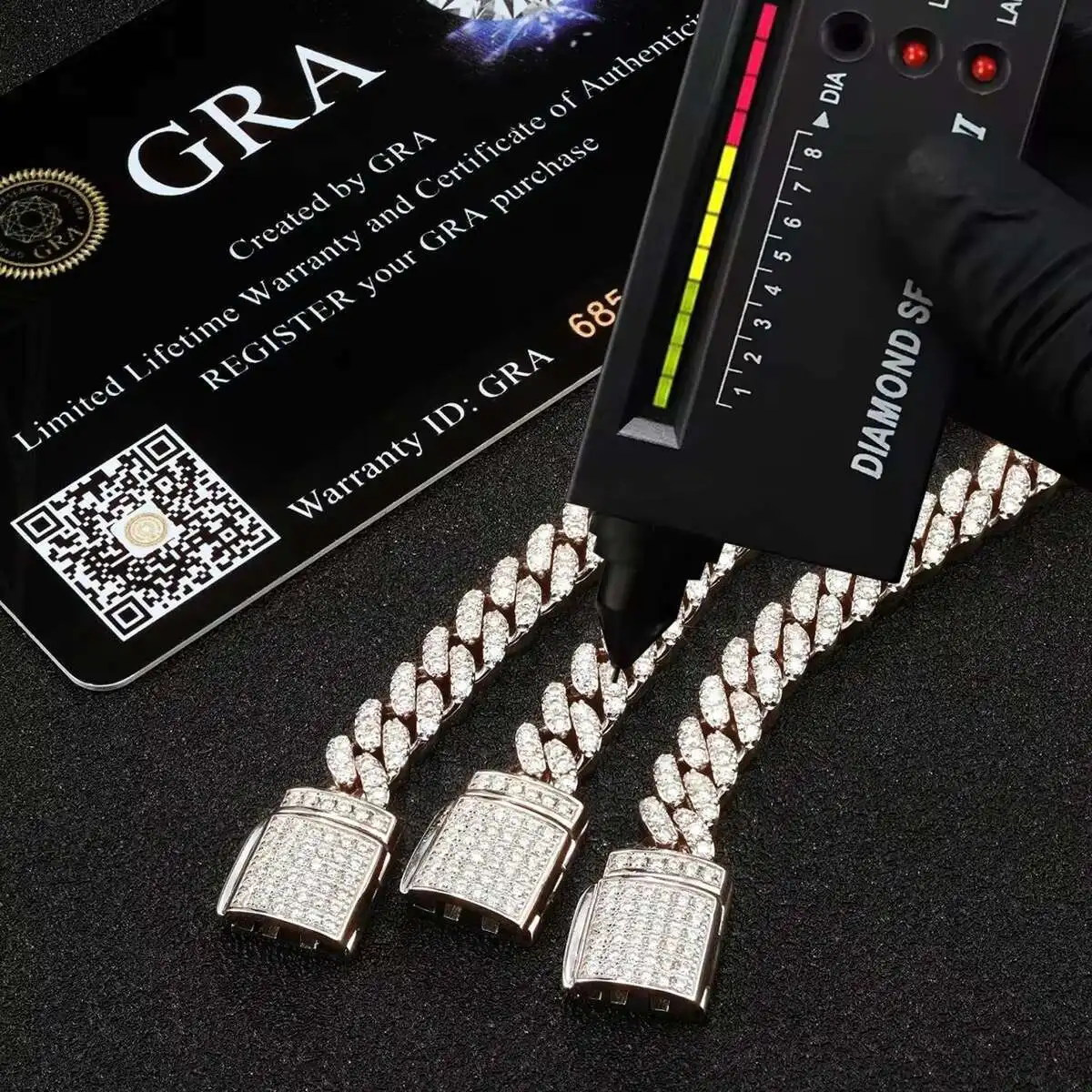 

6mm per row 925 sterling silver ice out Gra certificate passed the Vvs silica Cuban chain necklace tester